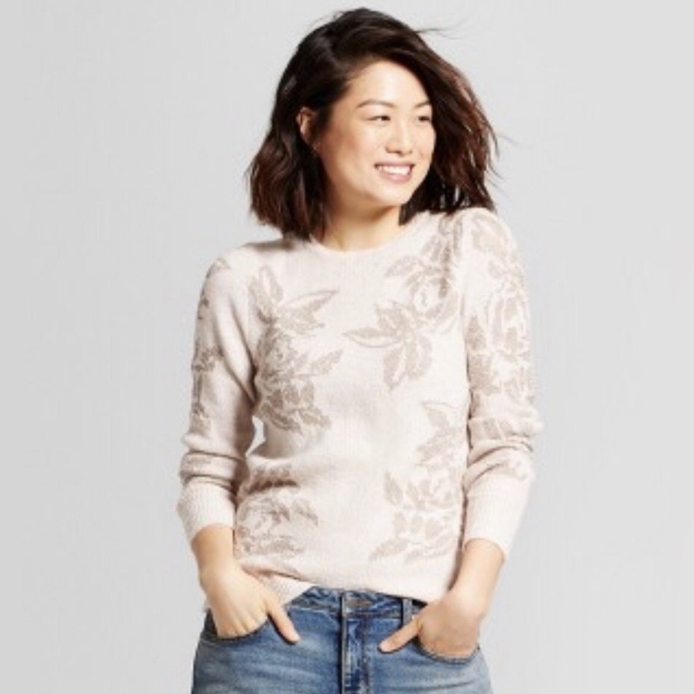 A New Day Pink Holiday Sweater with Metallic Floral Pattern